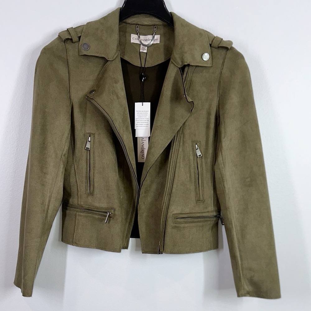 Catherine Malandrino olive green faux leather moto jacket size small NEW